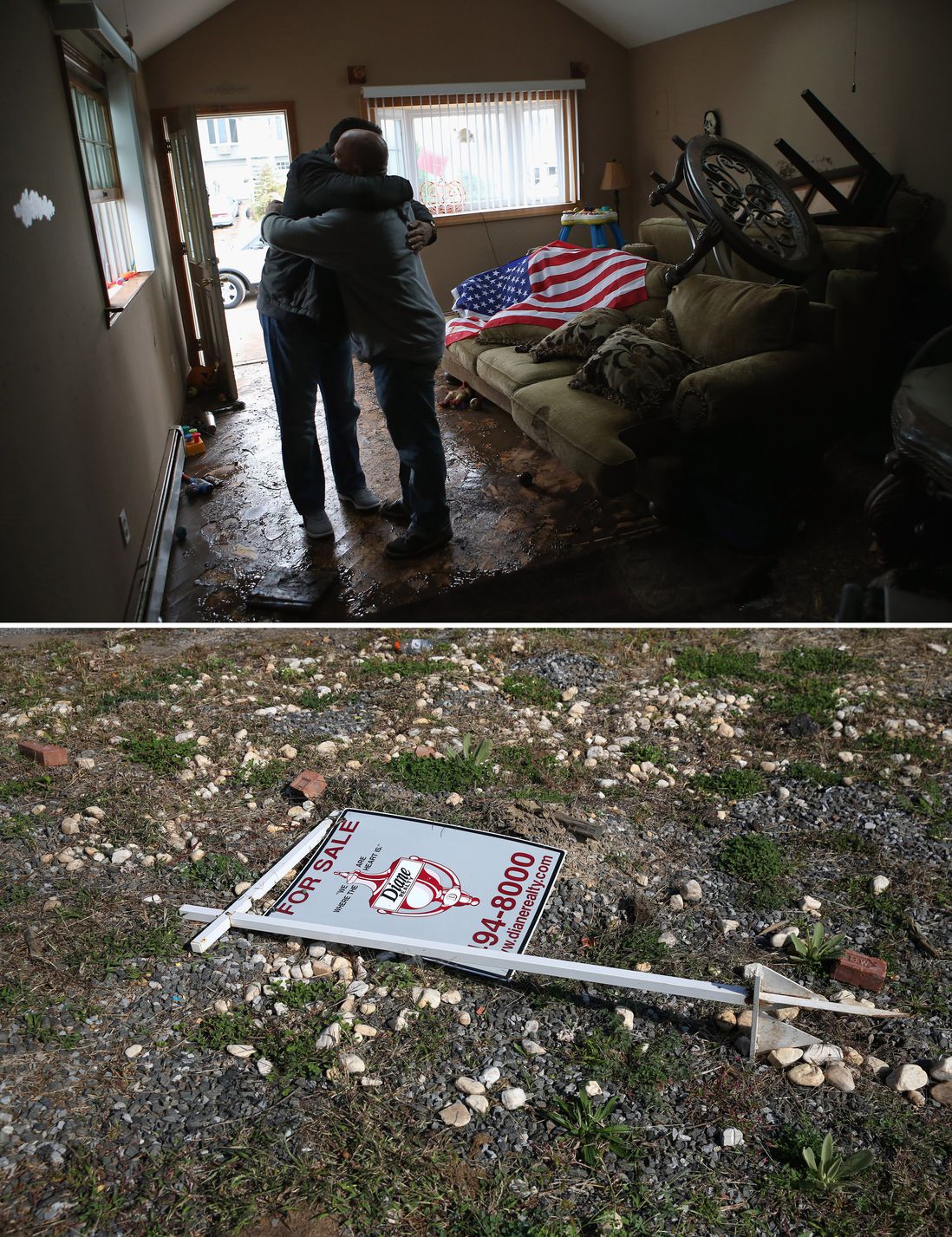 [Top] Homeowner Michael Russo (R), is comforted by friend Joseph Bono on November 1, 2012 in the Ocean Breeze area of Staten Island. The first floor of Russo's home was completely flooded by the ocean surge caused by superstorm Sandy. [Bottom] A 'for sale' sign lies on an empty lot where Joseph Bono's home was demolished due to Hurricane Sandy flood damage on October 17, 2013.